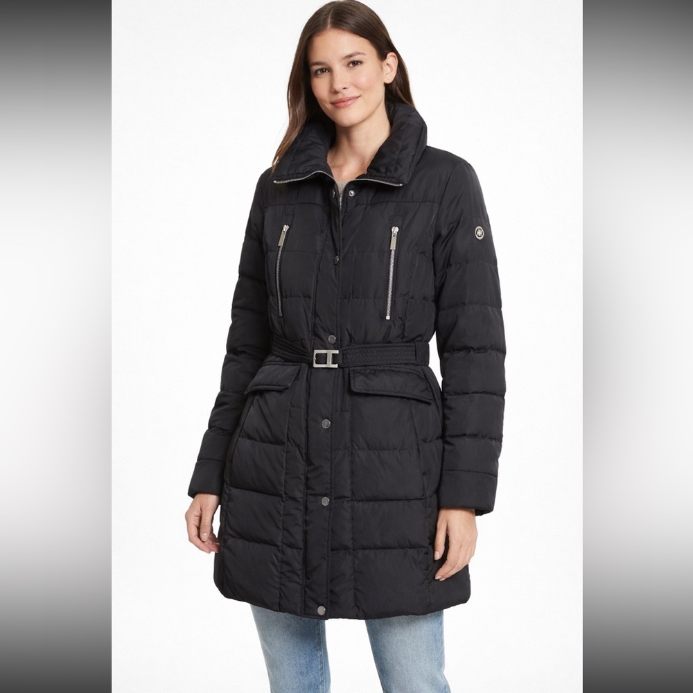 Michael Kors Black Quilted Puffer Coat Jacket Belted Zip Front Women’s Large
